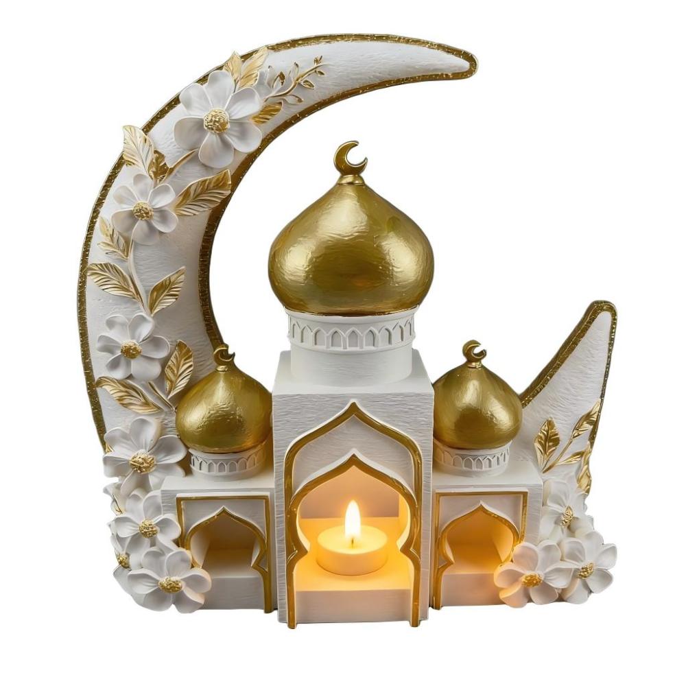 Islamic Moon Mosque Tealight Holder Decoration, Resin Eid Ramadan Table Decor with Candle Light for Muslim Home & Festival Display