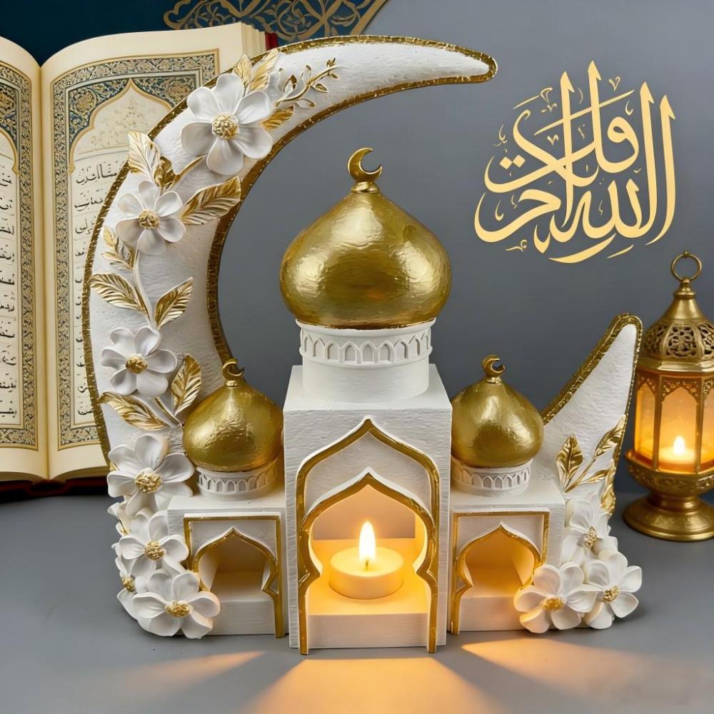 Islamic Moon Mosque Tealight Holder Decoration, Resin Eid Ramadan Table Decor with Candle Light for Muslim Home & Festival Display