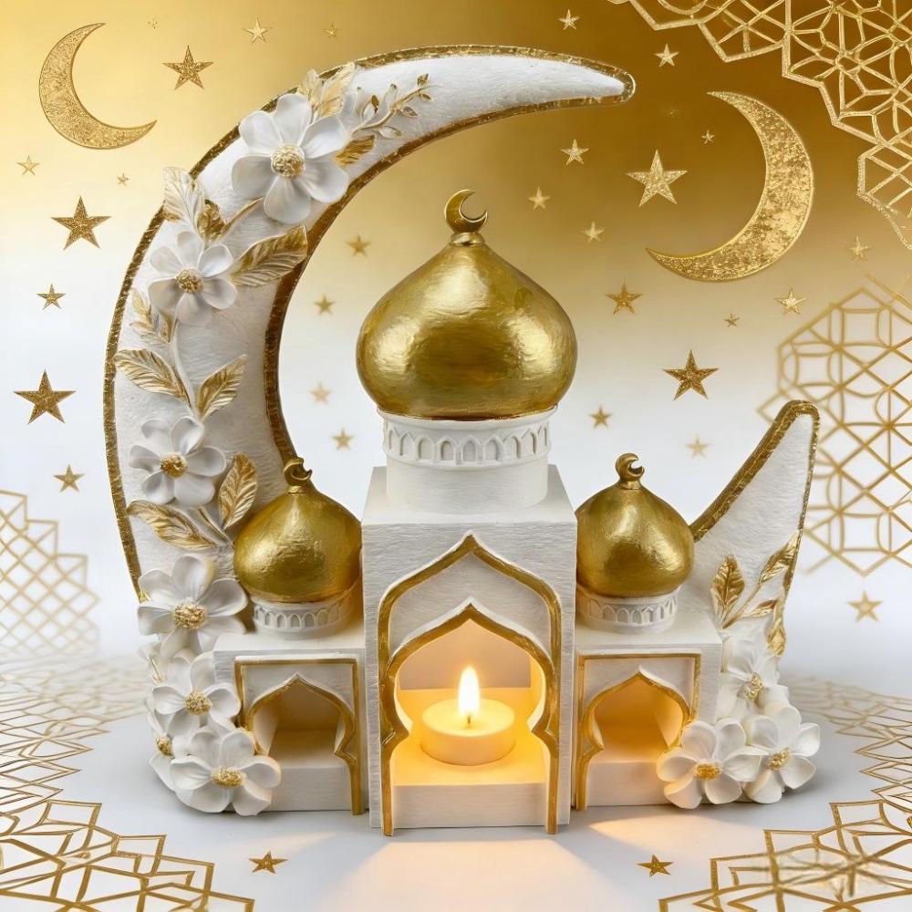 Islamic Moon Mosque Tealight Holder Decoration, Resin Eid Ramadan Table Decor with Candle Light for Muslim Home & Festival Display