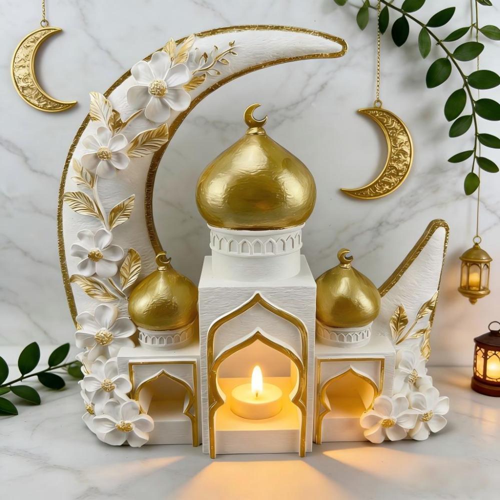 Islamic Moon Mosque Tealight Holder Decoration, Resin Eid Ramadan Table Decor with Candle Light for Muslim Home & Festival Display