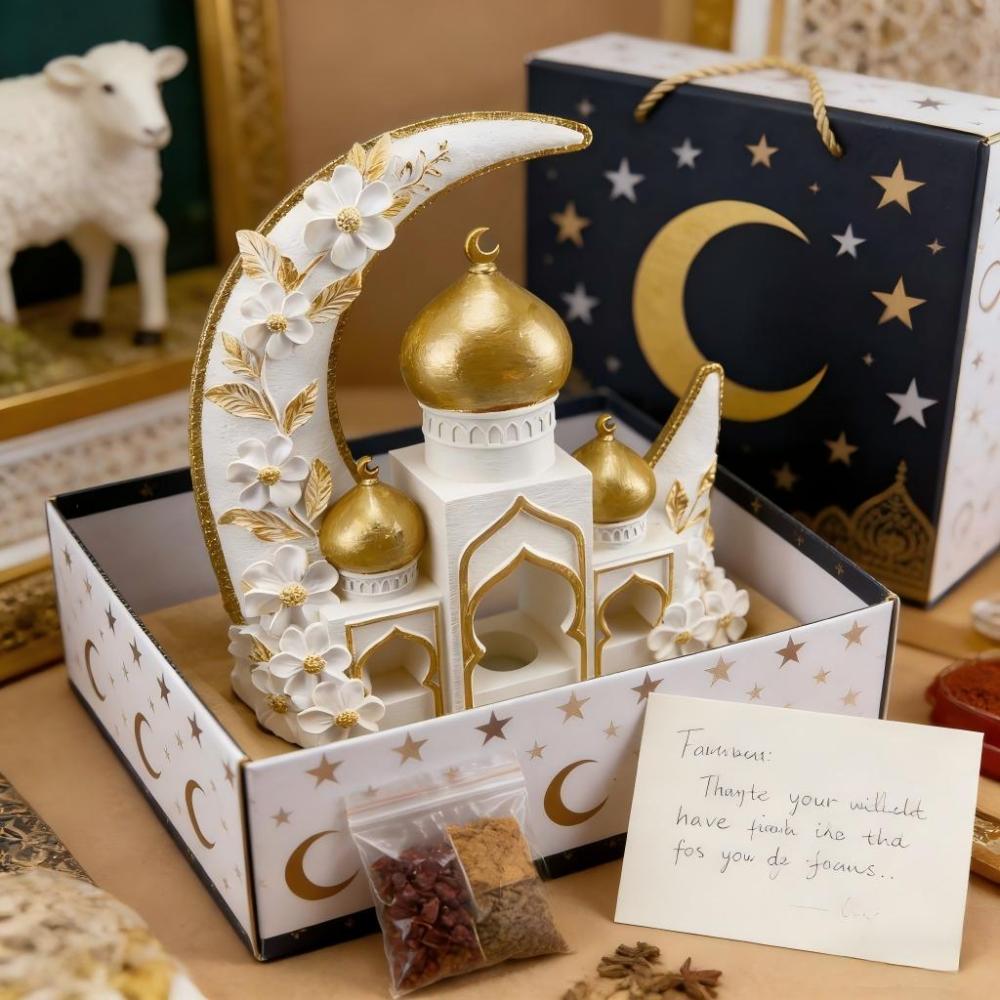 Islamic Moon Mosque Tealight Holder Decoration, Resin Eid Ramadan Table Decor with Candle Light for Muslim Home & Festival Display