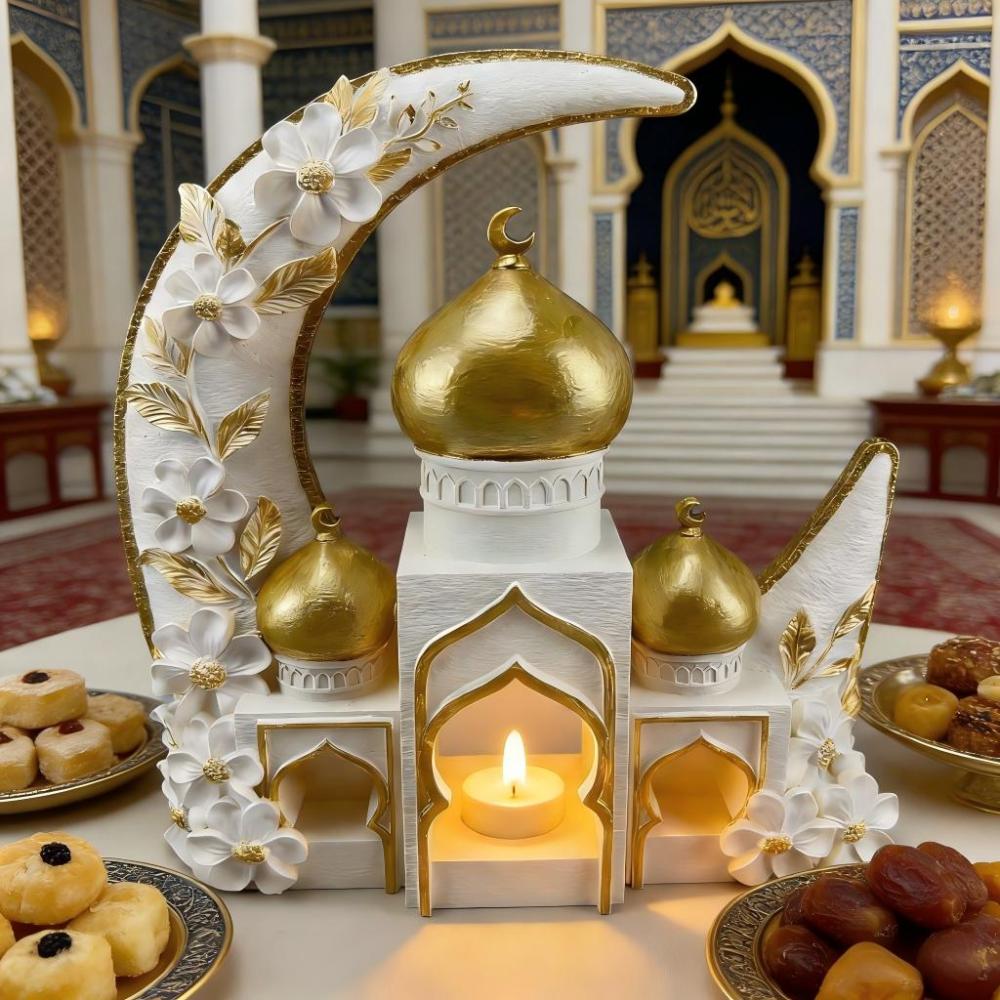 Islamic Moon Mosque Tealight Holder Decoration, Resin Eid Ramadan Table Decor with Candle Light for Muslim Home & Festival Display