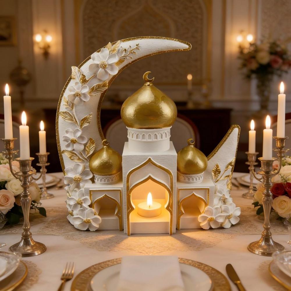 Islamic Moon Mosque Tealight Holder Decoration, Resin Eid Ramadan Table Decor with Candle Light for Muslim Home & Festival Display