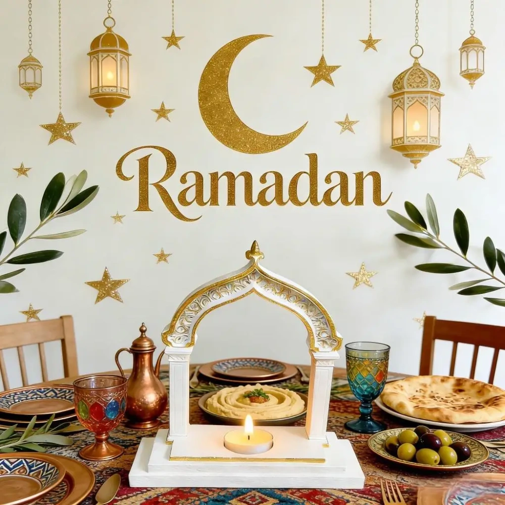 Ramadan Decoration Arch Candle Holder Islamic Style White & Gold Tealight Stand for Home Table Eid Mubarak Festival Decorations