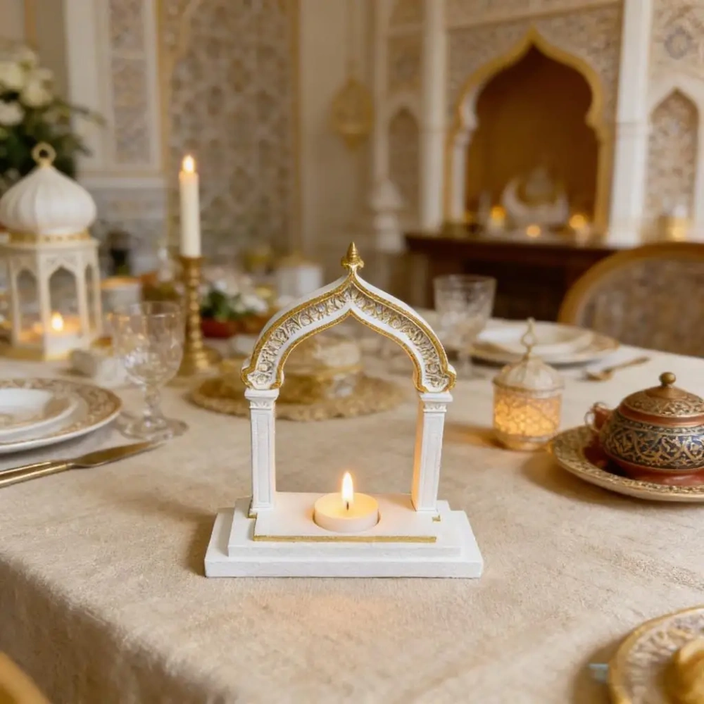 Ramadan Decoration Arch Candle Holder Islamic Style White & Gold Tealight Stand for Home Table Eid Mubarak Festival Decorations