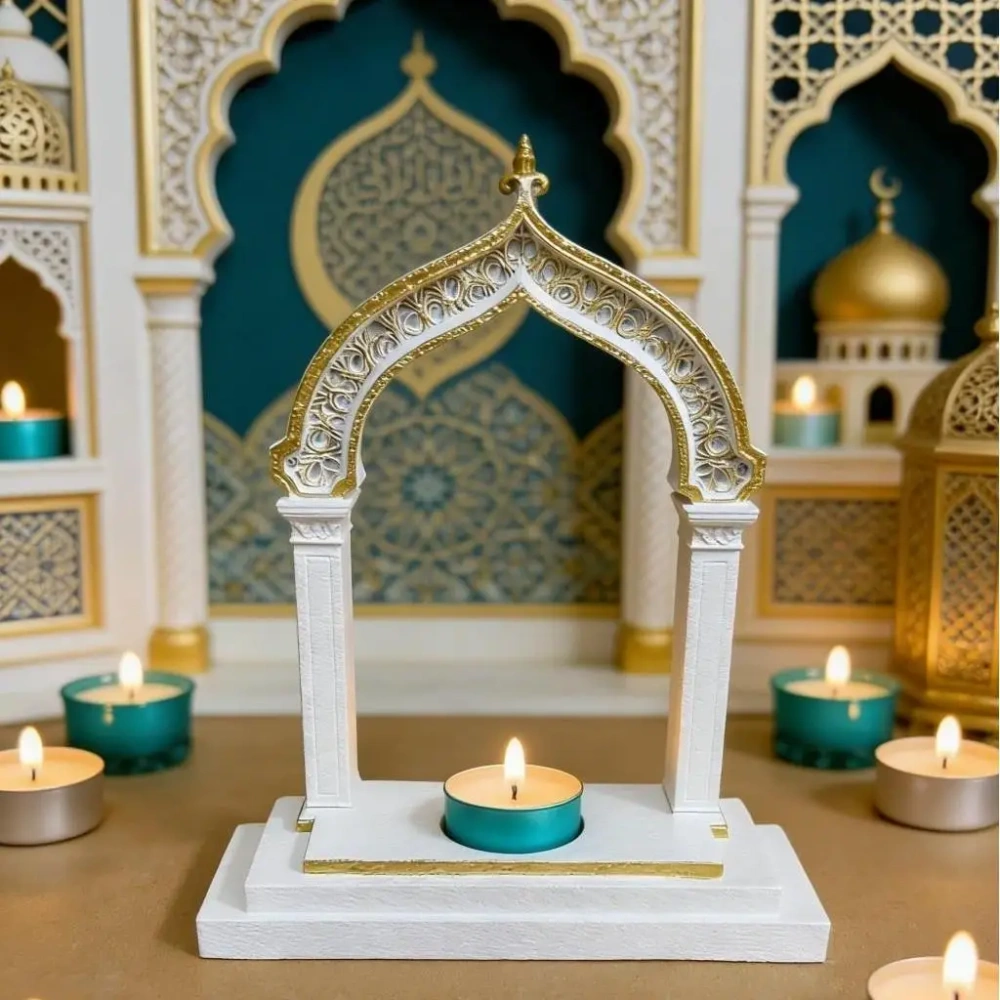 Ramadan Decoration Arch Candle Holder Islamic Style White & Gold Tealight Stand for Home Table Eid Mubarak Festival Decorations
