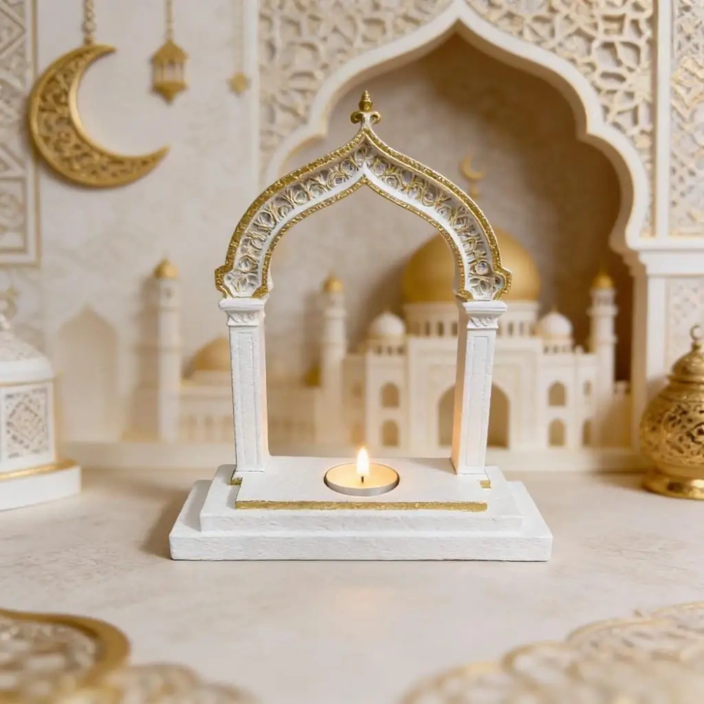 Ramadan Decoration Arch Candle Holder Islamic Style White & Gold Tealight Stand for Home Table Eid Mubarak Festival Decorations