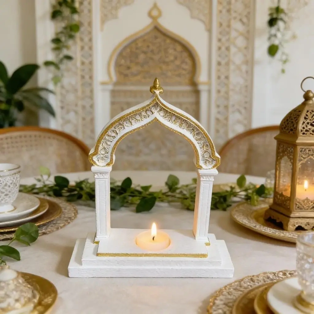 Ramadan Decoration Arch Candle Holder Islamic Style White & Gold Tealight Stand for Home Table Eid Mubarak Festival Decorations