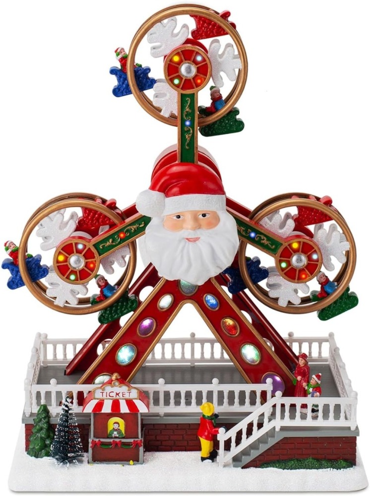Animated Christmas Village Ferris Wheel with Santa Claus, Musical & LED Lighted Carnival Top Speed Desires Holiday Decor, USB or Battery Operated Christmas Decoration, 11.8 inches Indoor Use Only
