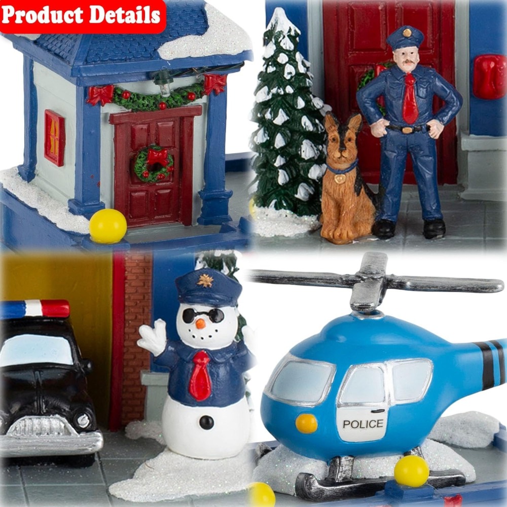 Christmas Animated Train Station Tabletop Décor – Lighted Building with Clock, Music, LED Lights, Moving Train – Christmas Village Indoor Display (Police Station)