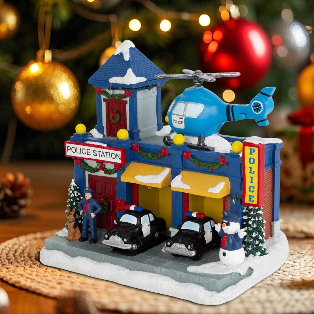 Christmas Animated Train Station Tabletop Décor – Lighted Building with Clock, Music, LED Lights, Moving Train – Christmas Village Indoor Display (Police Station)