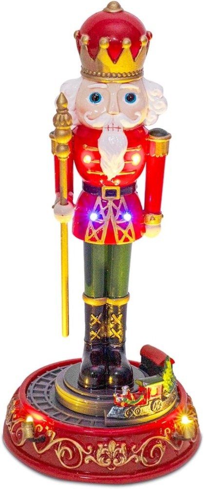 Christmas Nutcracker with Rotating Train Decoration - LED Light and Musical Nutcracker Figurine for Tabletop Display, Holiday Ornament for Home and Gifts, Battery Operated, 9.6 Inches Tall