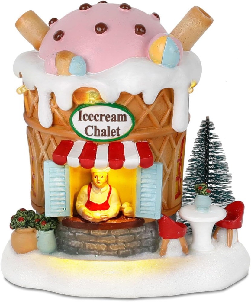 Light-Up Gingerbread Village House Christmas Decor – Ice Cream Chalet Collectible Shop Figurine for Indoor Holiday Home Decoration