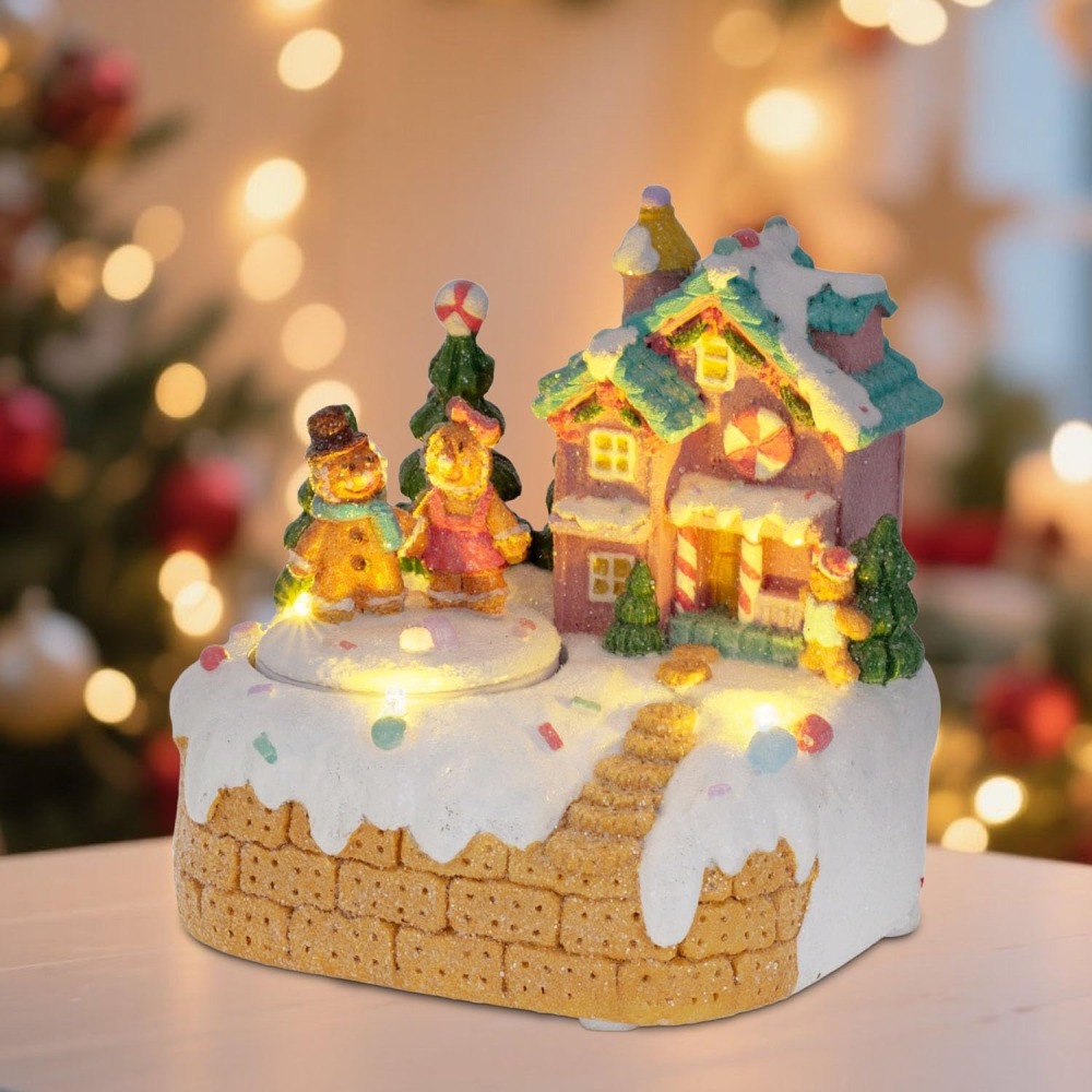 Wholesale innodept12 animated musical gingerbread house with rotating figurines and festive LED lights.