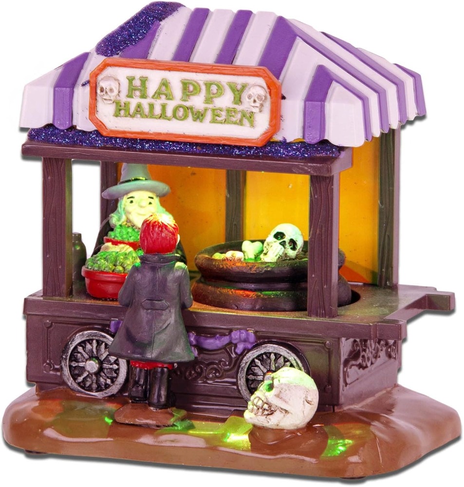 Halloween Collectible Spooky Village House, Witch's Stall Shop Figurines and Skeleton with Led Lights,B/O
