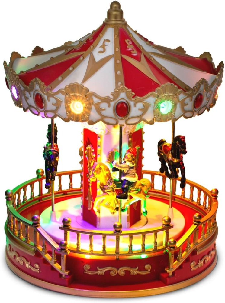 Animated Christmas Carousel with Musical LED-Light – Battery Operated Holiday Tabletop Decoration, Collectible Figurine Merry-Go-Round for Indoor Village Display (Christmas Carousel Horse)
