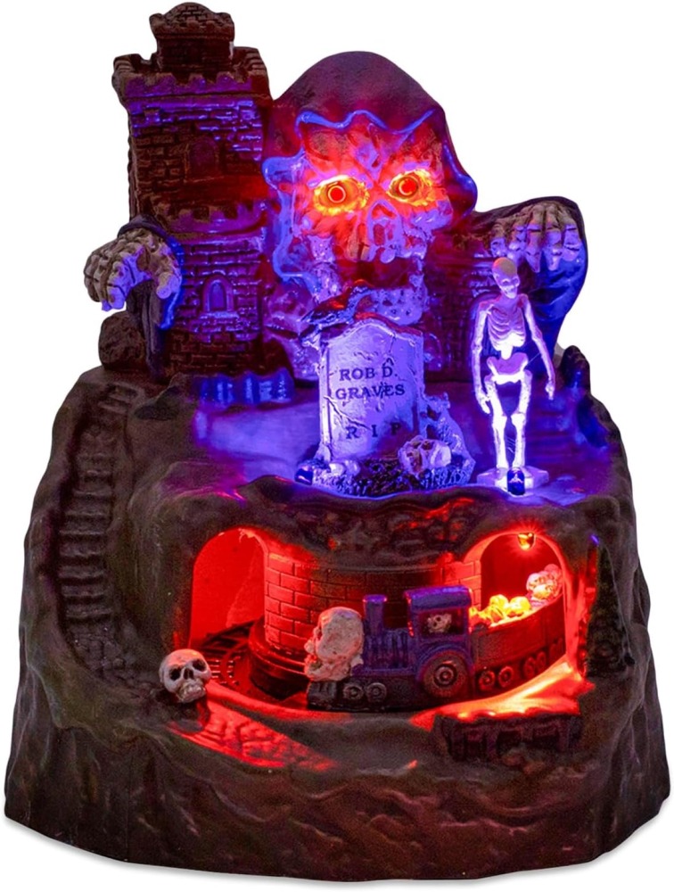 Animated Halloween Small Village House - Moving Train and Skull Ghosts Tombstones Figurines with Pre-Lit Spooky Voice, Battery Operated, Not Including