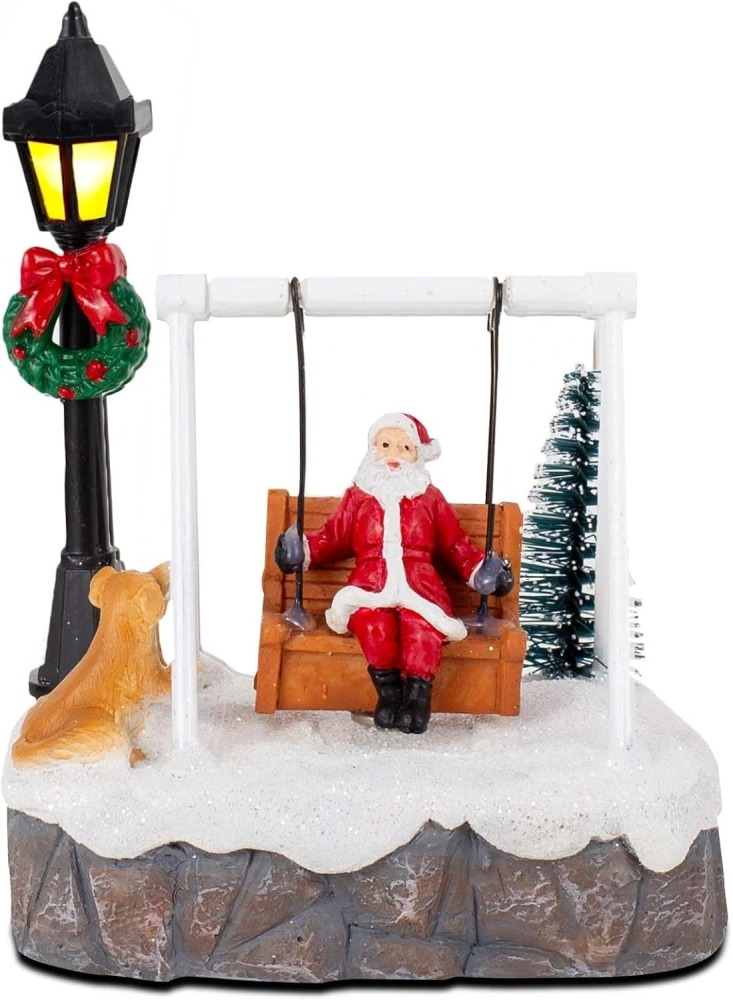 Christmas Village Accessories Figurines Decorations - Resin Swings Santa Clause Scene LED Light Tabletop Decor, Ideal for Christmas Village Collection