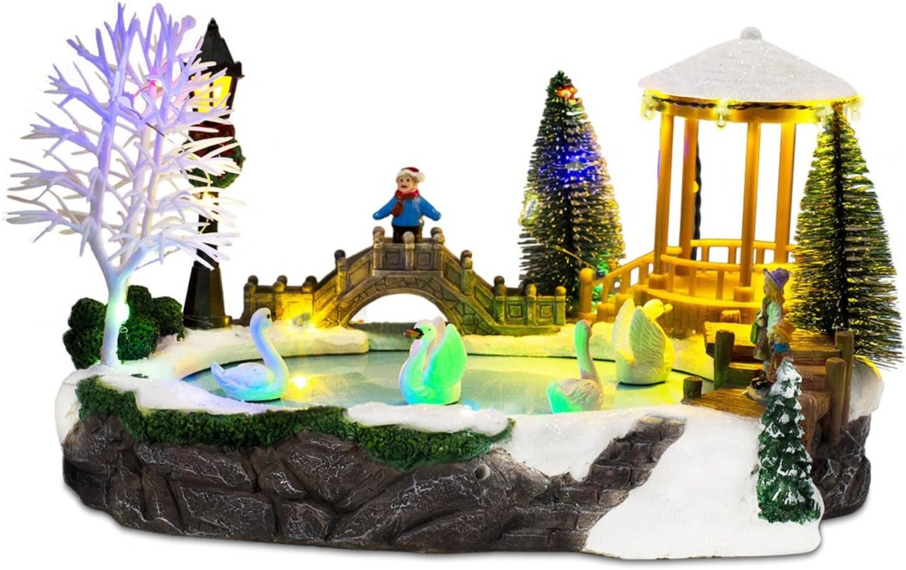 Animated Christmas Village Scene and Swan Pond - Winter Ice Scene with Moving Swan Figurines – Lighted Music Holiday Indoor Decor for Tabletop or Mantel Display