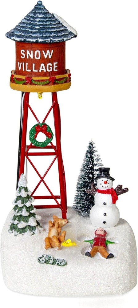 Christmas Snow Village Accessories Figurines - Holiday Time Snow Village Kid Playing with Dog Scene Light Up Water Tower Collectible