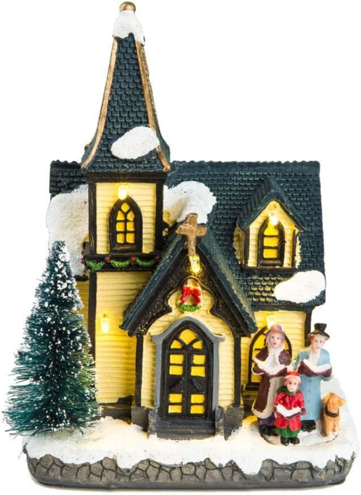 innodept12 Christmas Church Light House Snow Village with Figurines Choirs