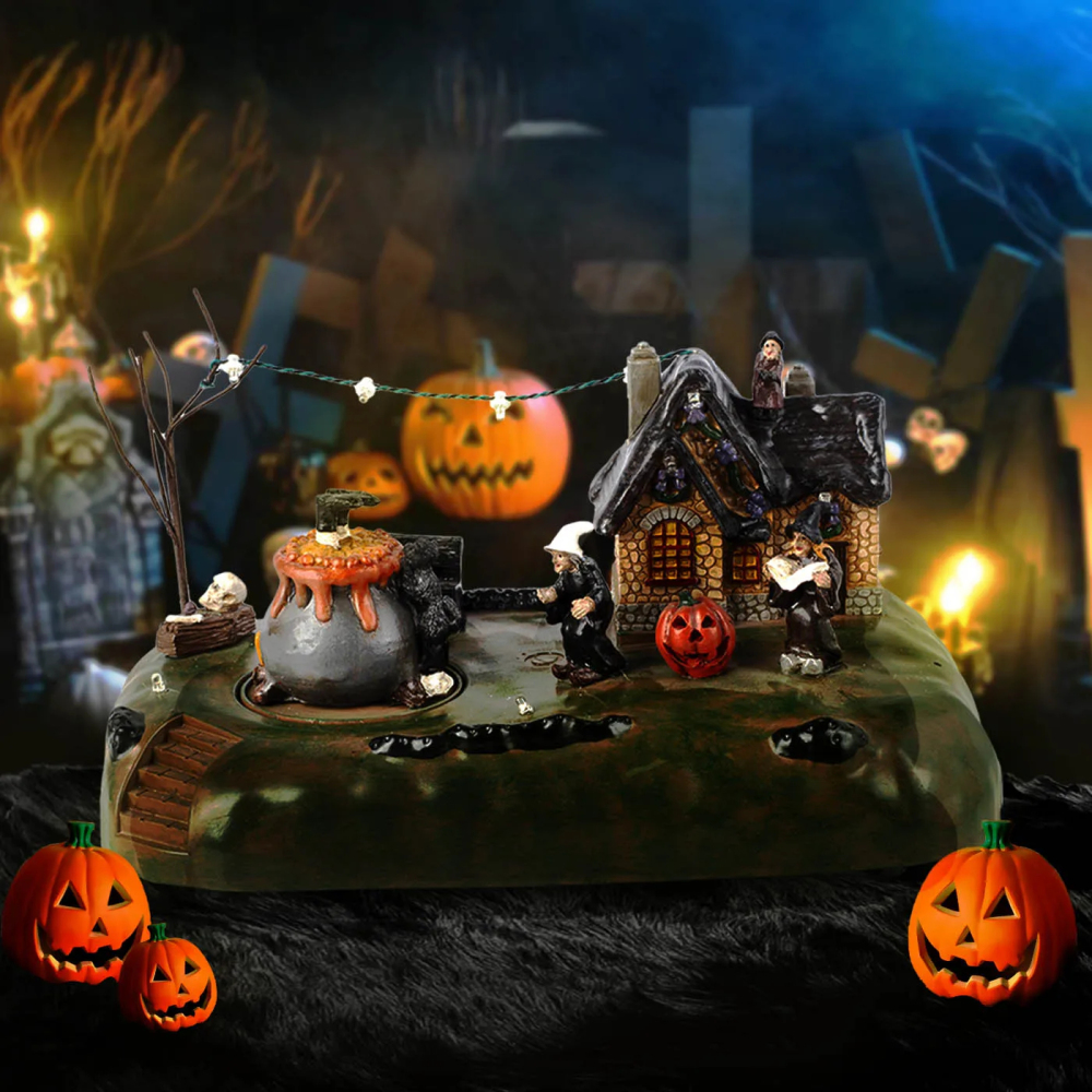 Halloween Village Witch Cauldron Bubble Figurine with Lit House Spooky Town Indoor Decoration Accessories for Holiday Display