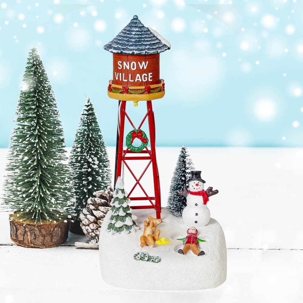 Wholesale innodept12 lighted Christmas snow village water tower accessory featuring a snowy tower, a kid, and a dog figurine.