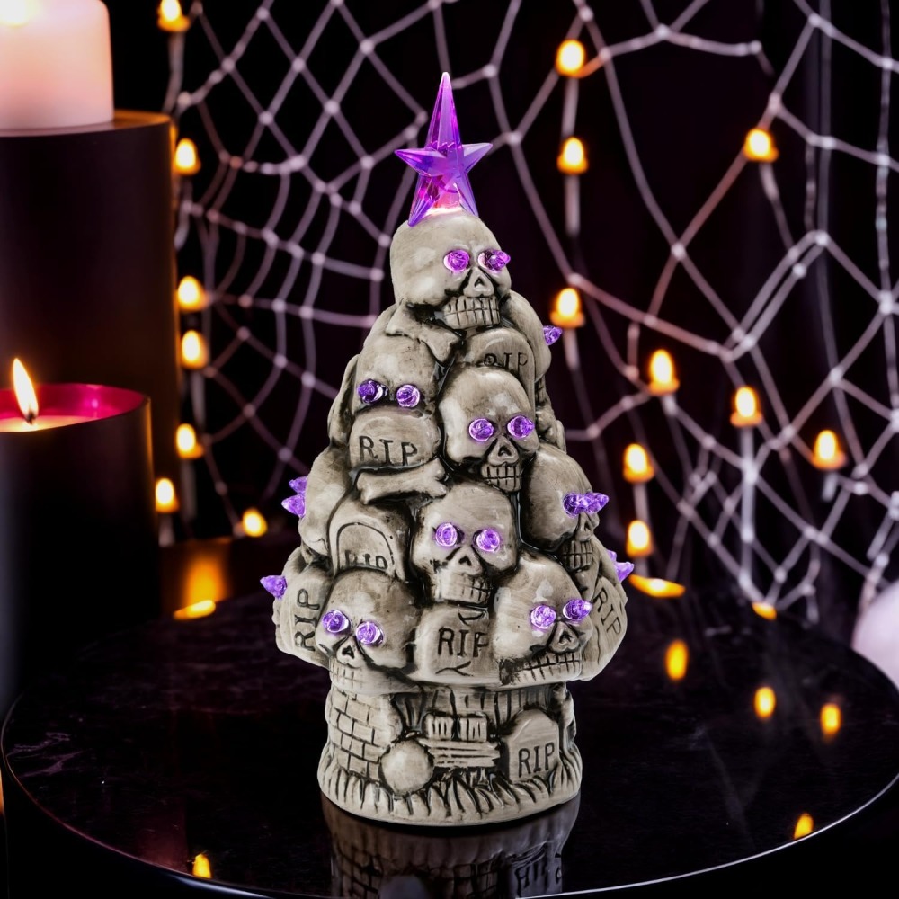 Wholesale innodept12 9.8 inch hand-painted ceramic skull tree with LED lights and battery-operated Halloween tabletop display.