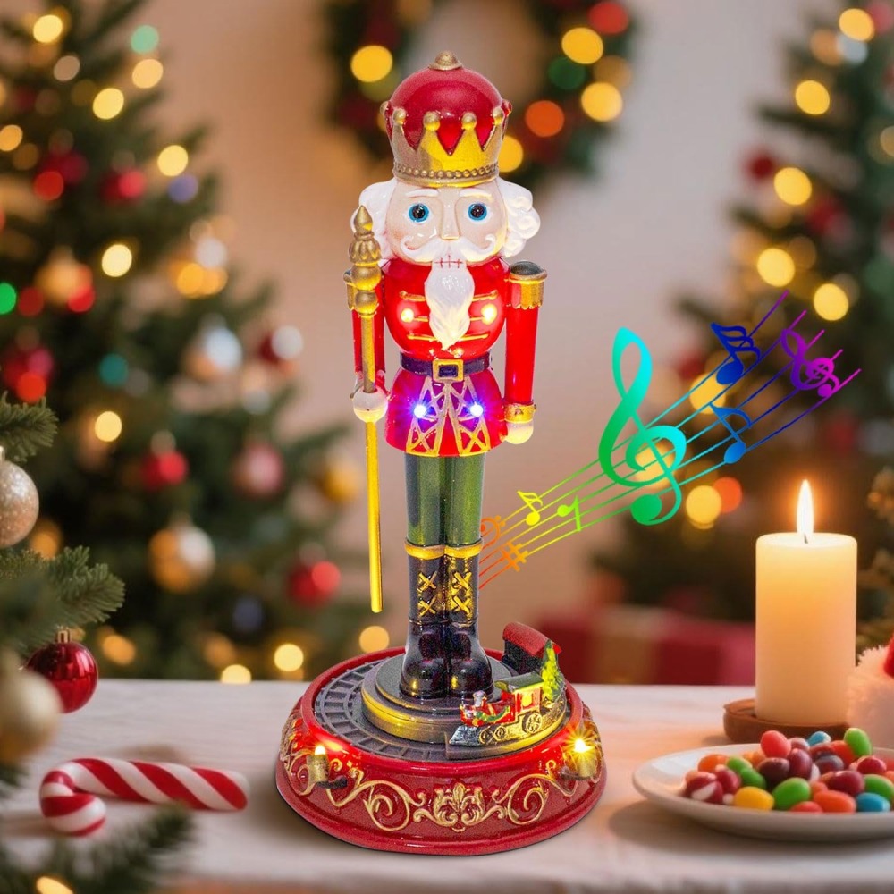 Wholesale innodept12 animated nutcracker figurine with rotating miniature train base and musical LED lights.
