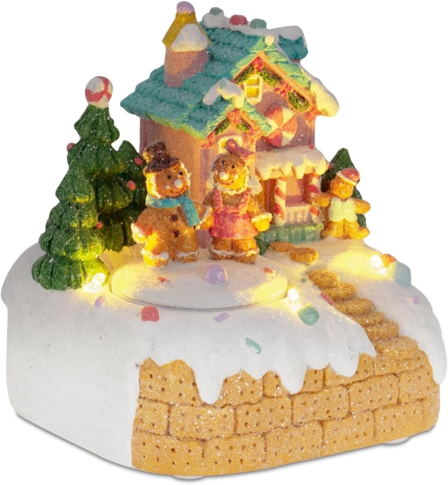 Animated Gingerbread House Christmas Decoration – Pre-Lit Musical Resin Village Figurine with Rotating Gingerbread Characters and LED Lights for Indoor Holiday Tabletop Display