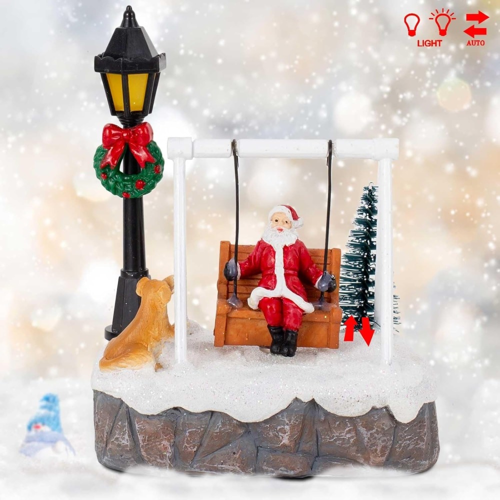 Christmas Village Accessories Figurines Decorations - Resin Swings Santa Clause Scene LED Light Tabletop Decor, Ideal for Christmas Village Collection