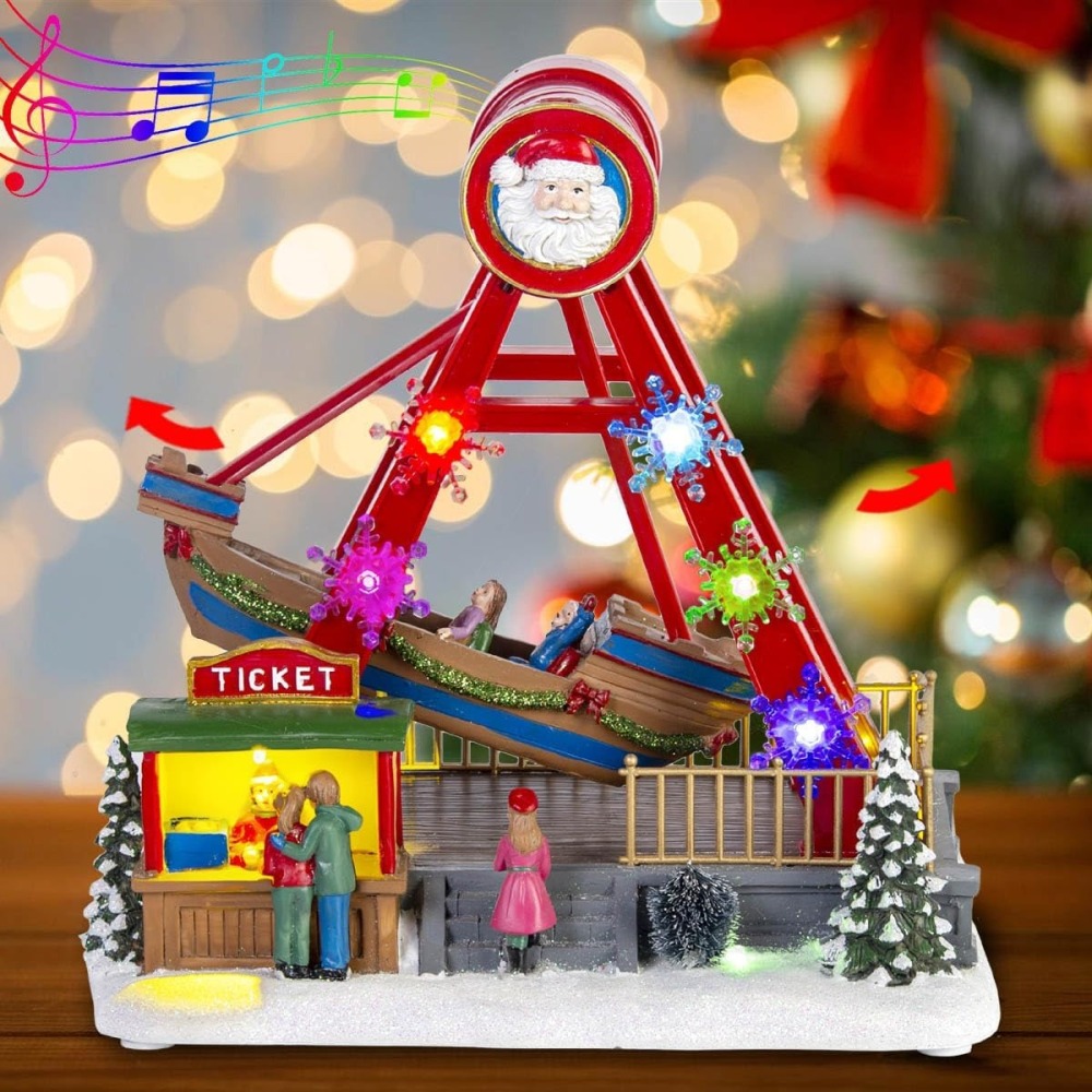 innodept12 Christmas Village Collection Santa Ship Ride, Animated Boat with LED Lights & Music Season Decorations for Village Sets