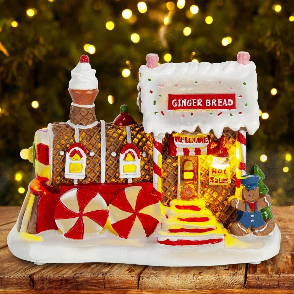 Wholesale innodept12 LED lighted gingerbread train house resin figurine for Christmas village tabletop display.