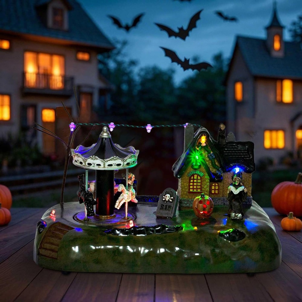 Wholesale innodept12 animated Halloween village carousel with spooky LED lights and rotating festival display.
