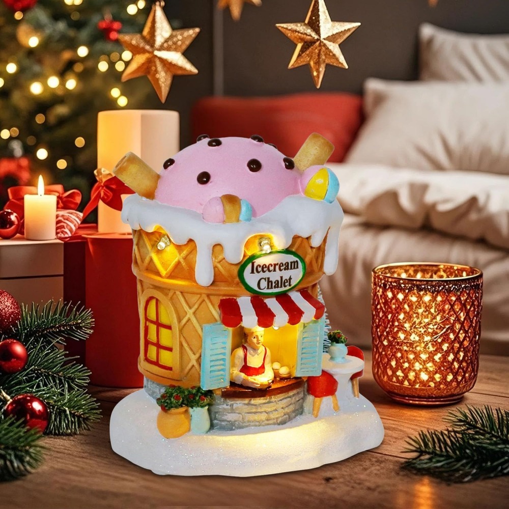 Light-Up Gingerbread Village House Christmas Decor – Ice Cream Chalet Collectible Shop Figurine for Indoor Holiday Home Decoration