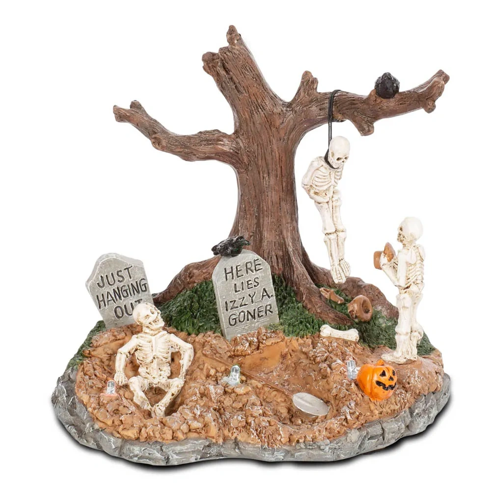 Funny Halloween Graveyard Scene with Hanging Skeleton, Tombstones, and Dead Tree - Tabletop Resin Decor