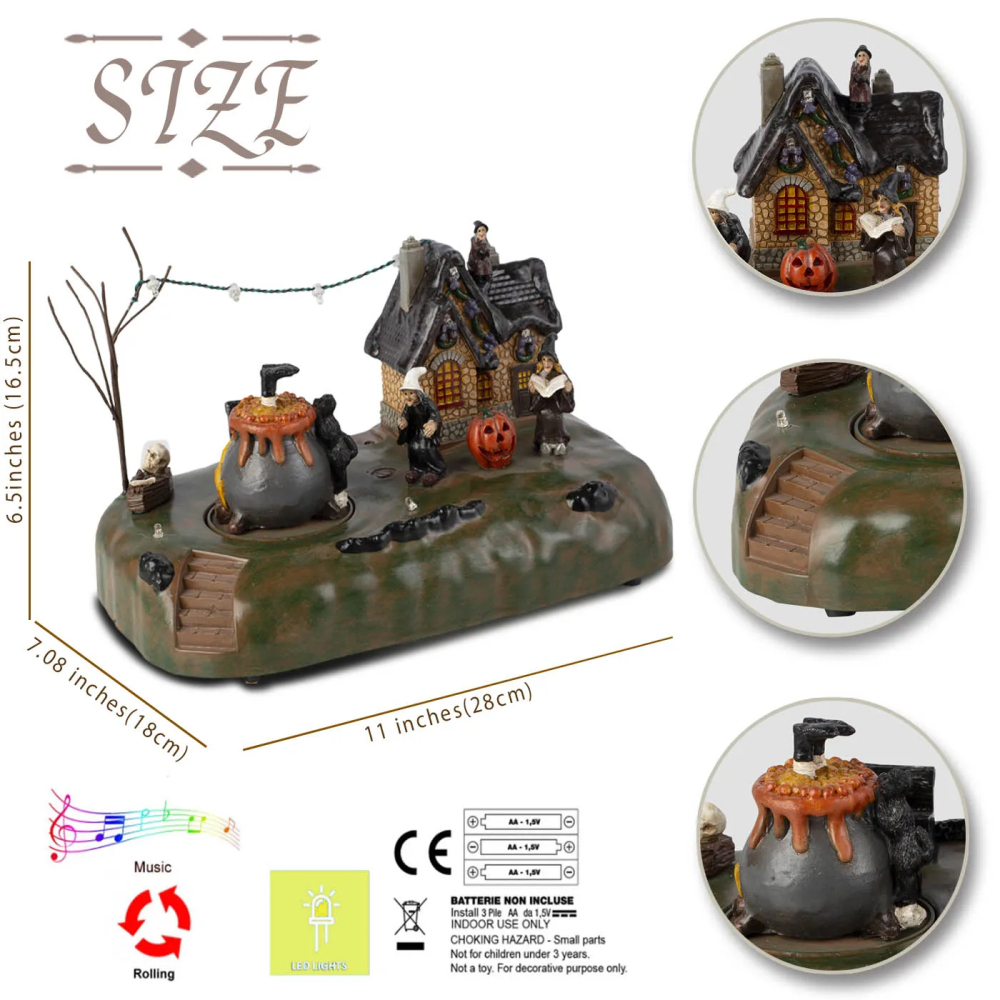 Halloween Village Witch Cauldron Bubble Figurine with Lit House Spooky Town Indoor Decoration Accessories for Holiday Display