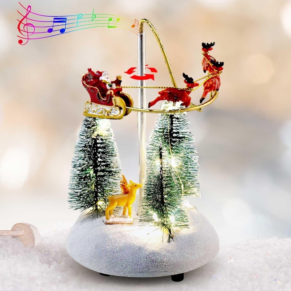 Christmas Snow Village Animated Flaming Sleigh Accessory Figurine, Lights Musical Christmas Santa Sleigh Vacation Decorations, Multicolor