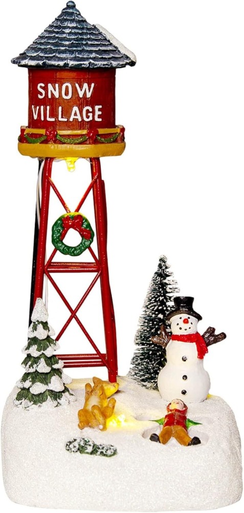 Christmas Snow Village Accessories Figurines - Holiday Time Snow Village Kid Playing with Dog Scene Light Up Water Tower Collectible