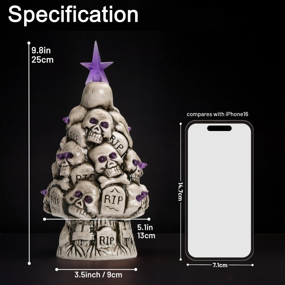 Ceramic Light-up Skull Halloween Tree - Spooky Hand Painted Creepy Ceramic RIP Tombstone Tree, Battery Operated Halloween Gothic Skeleton Tree Tabletop Decor, 9.8 inches