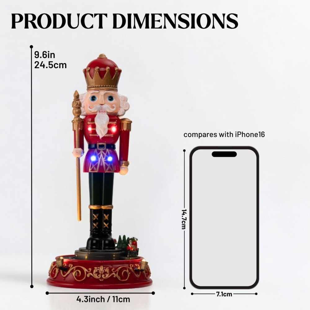 Christmas Nutcracker with Rotating Train Decoration - LED Light and Musical Nutcracker Figurine for Tabletop Display, Holiday Ornament for Home and Gifts, Battery Operated, 9.6 Inches Tall