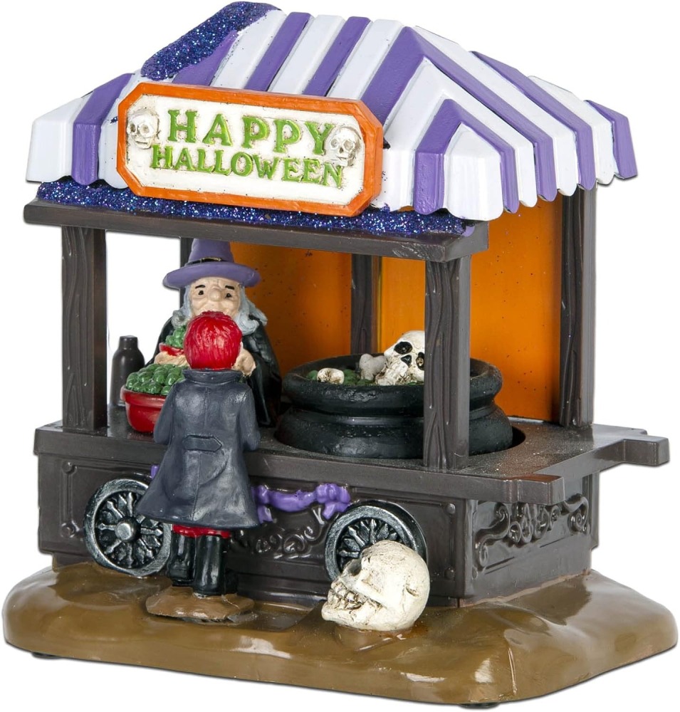 Halloween Collectible Spooky Village House, Witch's Stall Shop Figurines and Skeleton with Led Lights,B/O