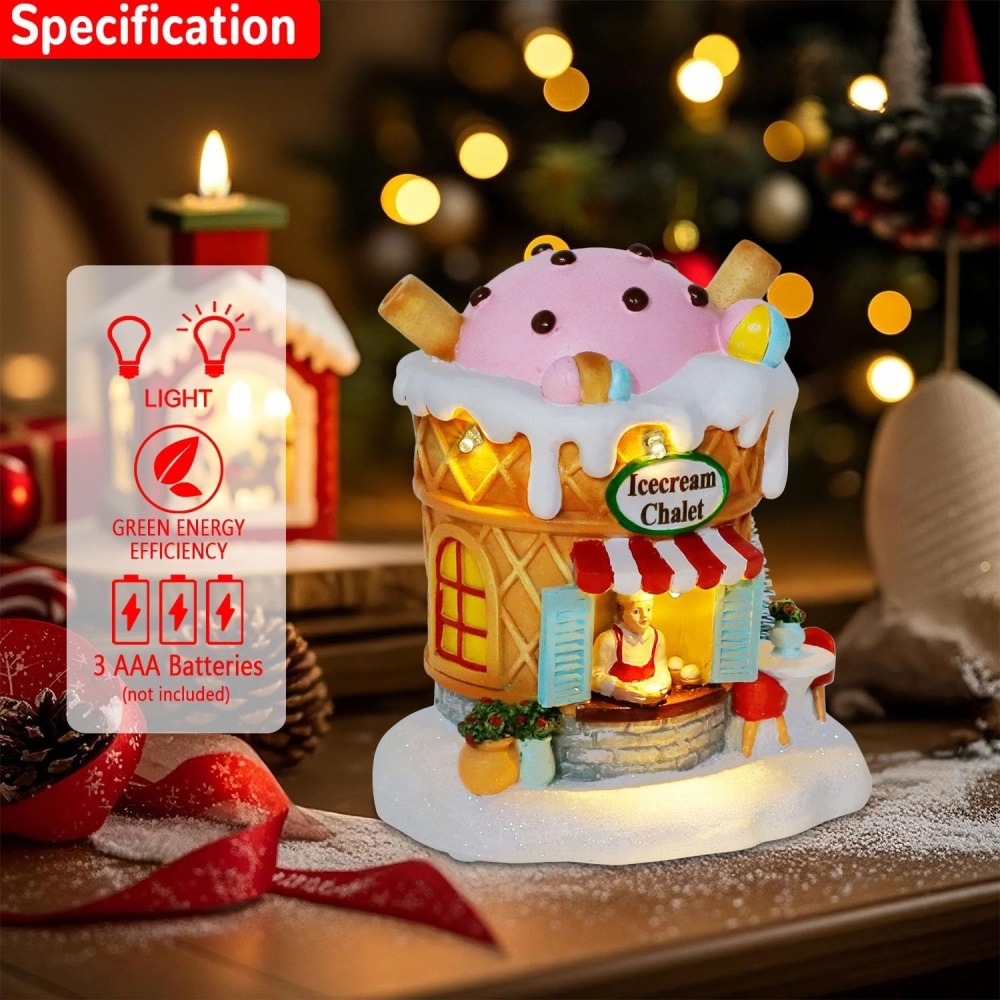 Light-Up Gingerbread Village House Christmas Decor – Ice Cream Chalet Collectible Shop Figurine for Indoor Holiday Home Decoration