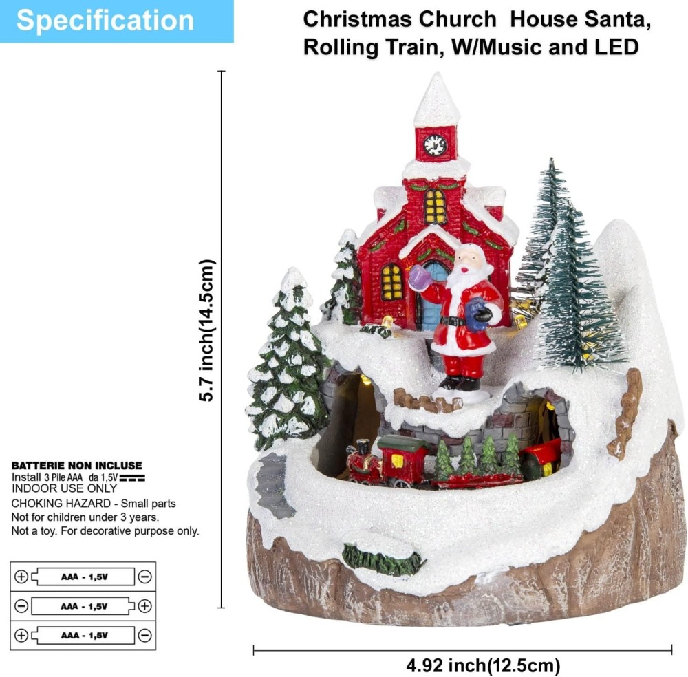 innodept12 Red Christmas Village Church House - Festival Scene Moving Train and Santa Claus with Led Lights, Music for Christmas Decor