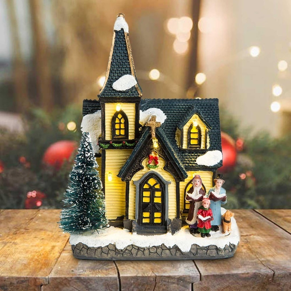 Wholesale innodept12 lighted Christmas church scene with carolers and a dog on a snowy wooden background.