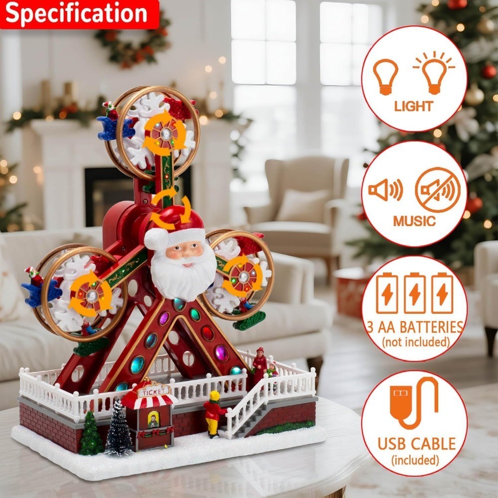 Animated Christmas Village Ferris Wheel with Santa Claus, Musical & LED Lighted Carnival Top Speed Desires Holiday Decor, USB or Battery Operated Christmas Decoration, 11.8 inches Indoor Use Only