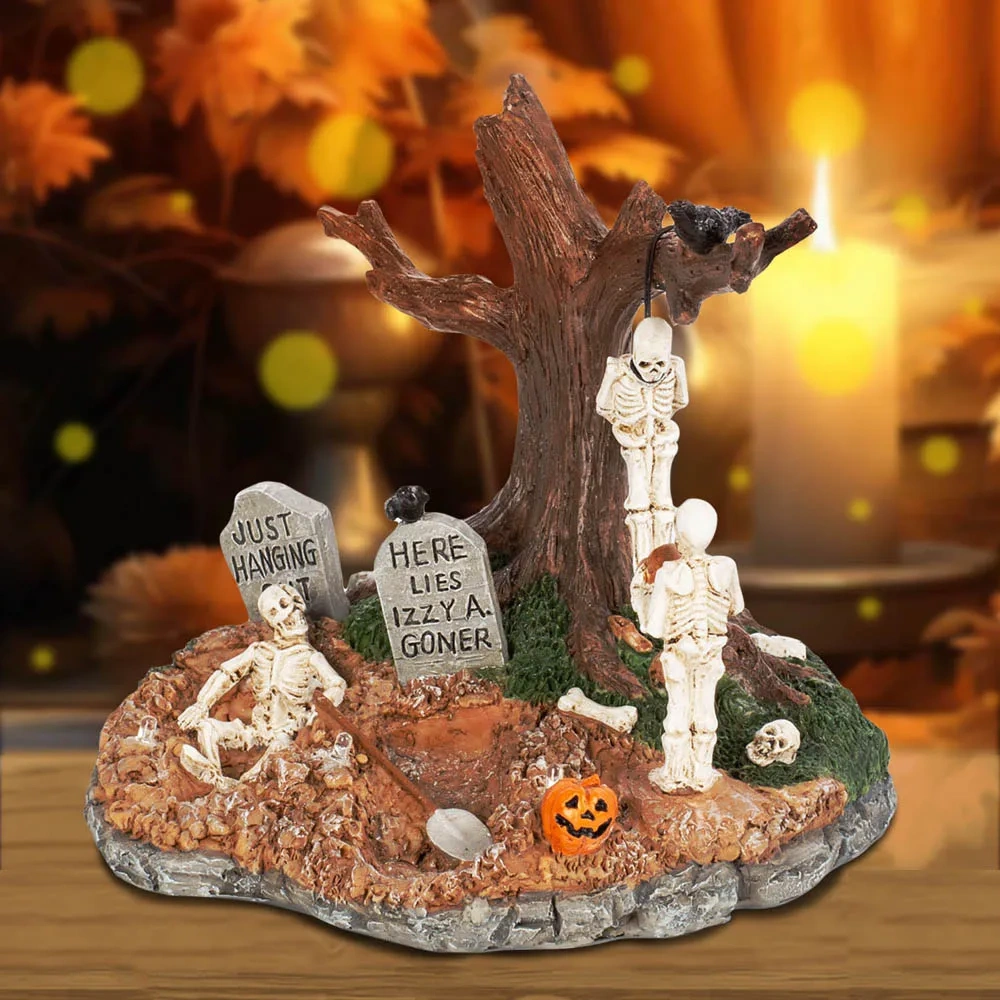 Halloween Spooky Village Towne Accessories Graveyard Halloween Burying Skeleton and Hanging up Figurines Collection Table Piece