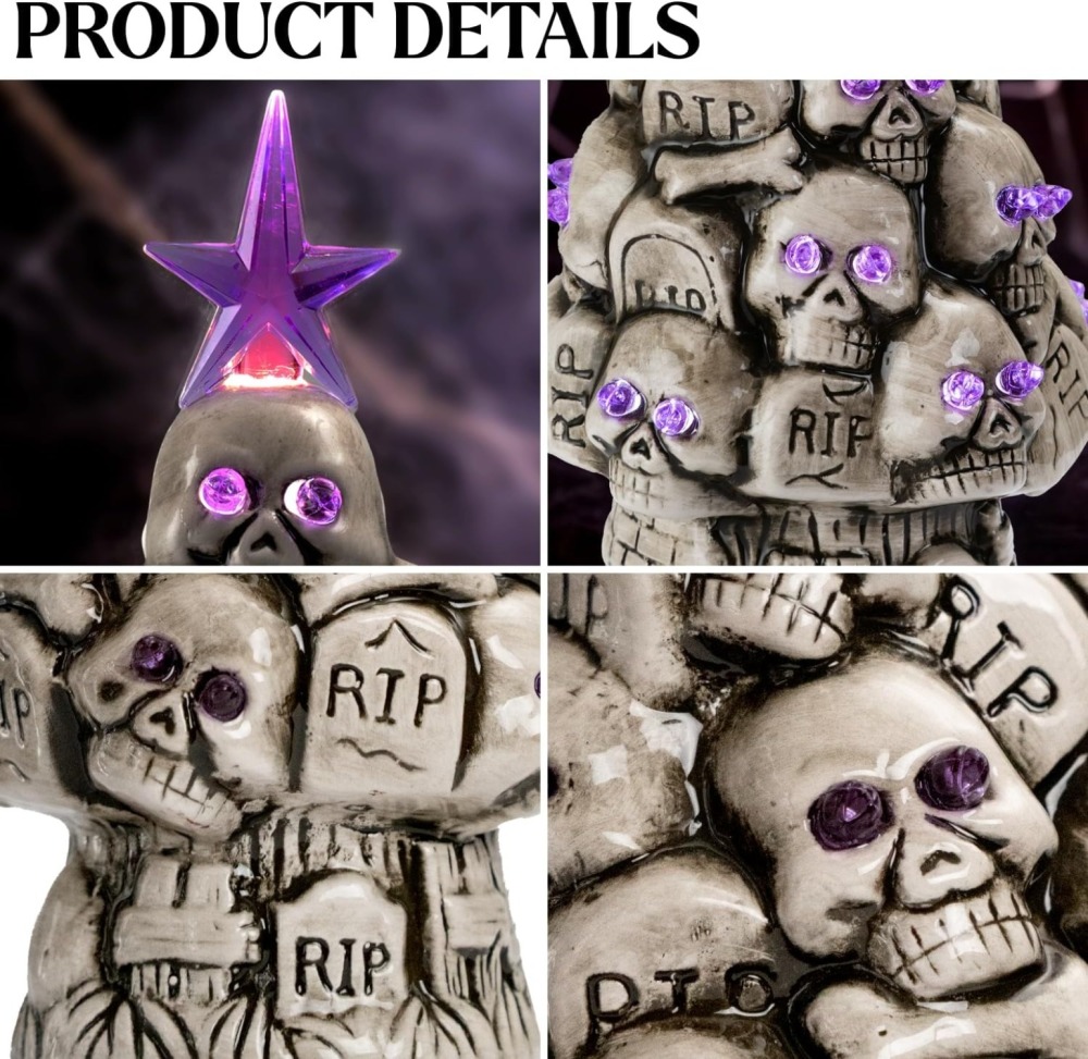 Ceramic Light-up Skull Halloween Tree - Spooky Hand Painted Creepy Ceramic RIP Tombstone Tree, Battery Operated Halloween Gothic Skeleton Tree Tabletop Decor, 9.8 inches