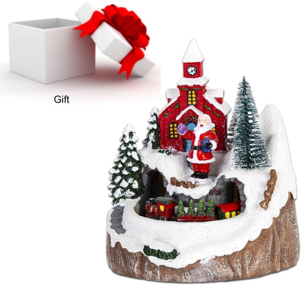 innodept12 Red Christmas Village Church House - Festival Scene Moving Train and Santa Claus with Led Lights, Music for Christmas Decor