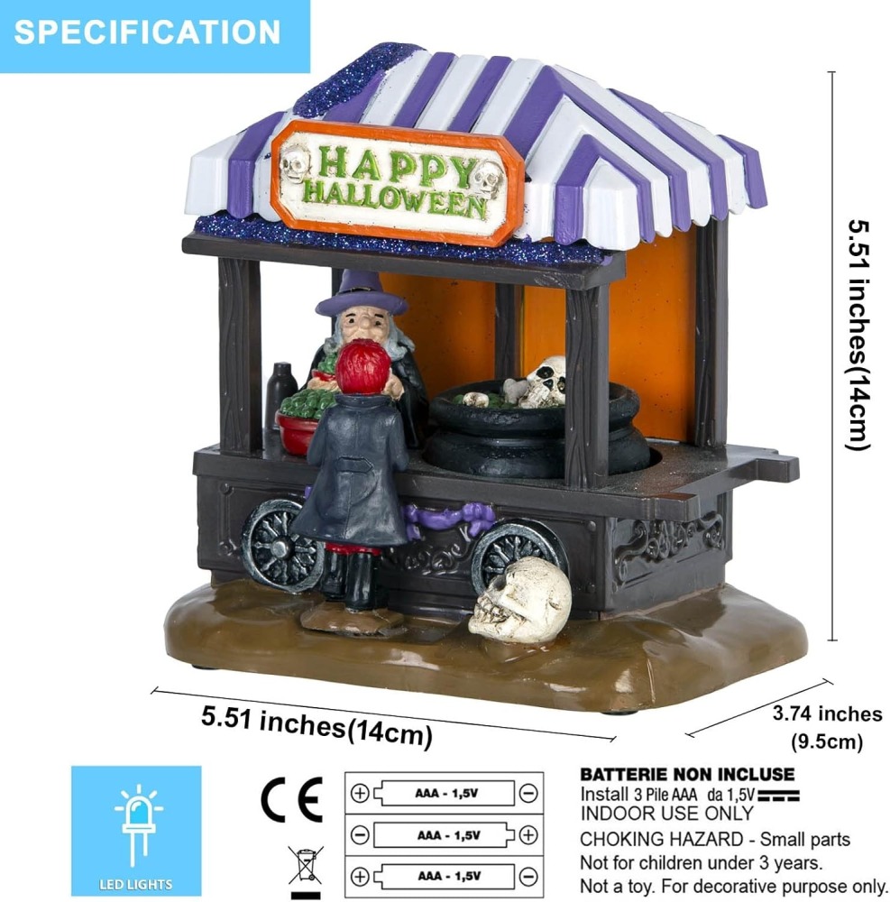 Halloween Collectible Spooky Village House, Witch's Stall Shop Figurines and Skeleton with Led Lights,B/O